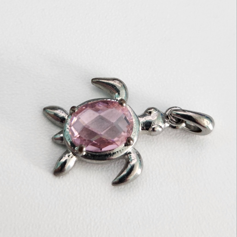 Sterling Silver Pink Turtle Charm Birthstone